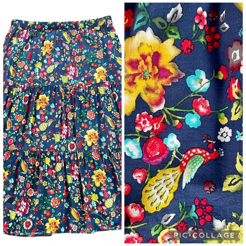 Forever 21 Blue Dark Floral Tiered Midi Skirt Sz Large Boho Peasant Cottagecore